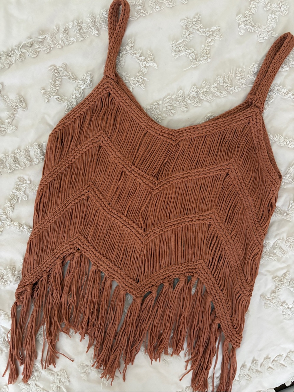 Copper Rust Tank Top Hand Woven Fringe Hem Crochet Zig Zag Weave and Hem Sz M - Picture 8 of 8